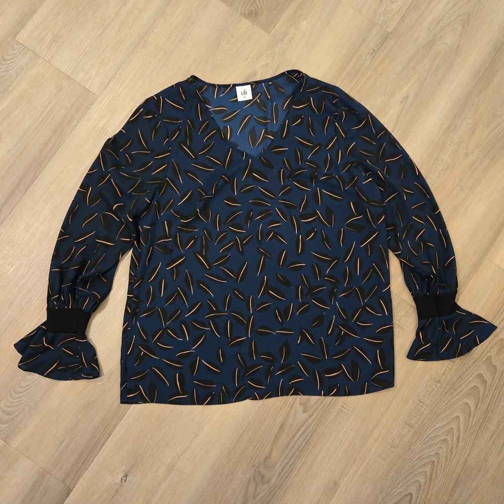 CABI The Shadow Leaf Blouse Teal Bell Sleeves